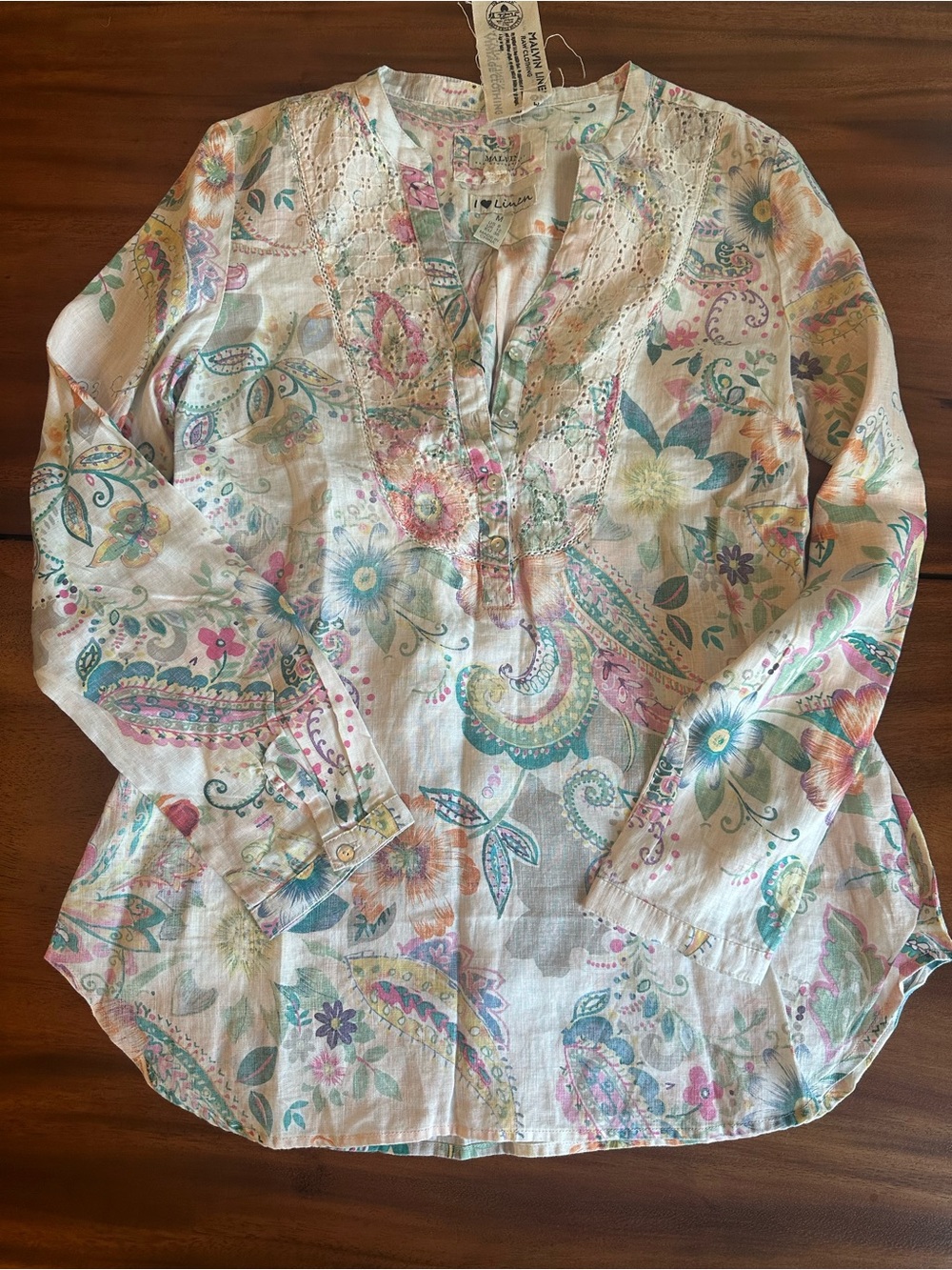 NWT Linen Floral Tunic Top Coastal Chic Resort Vacation Cottagecore Boho